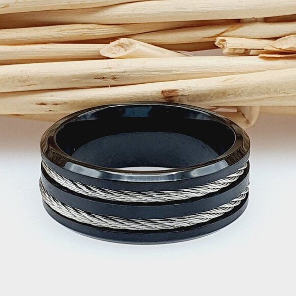 "Rope Inlay Black Titanium Wedding Ring, GALTUN553 - Picture 3 of 6